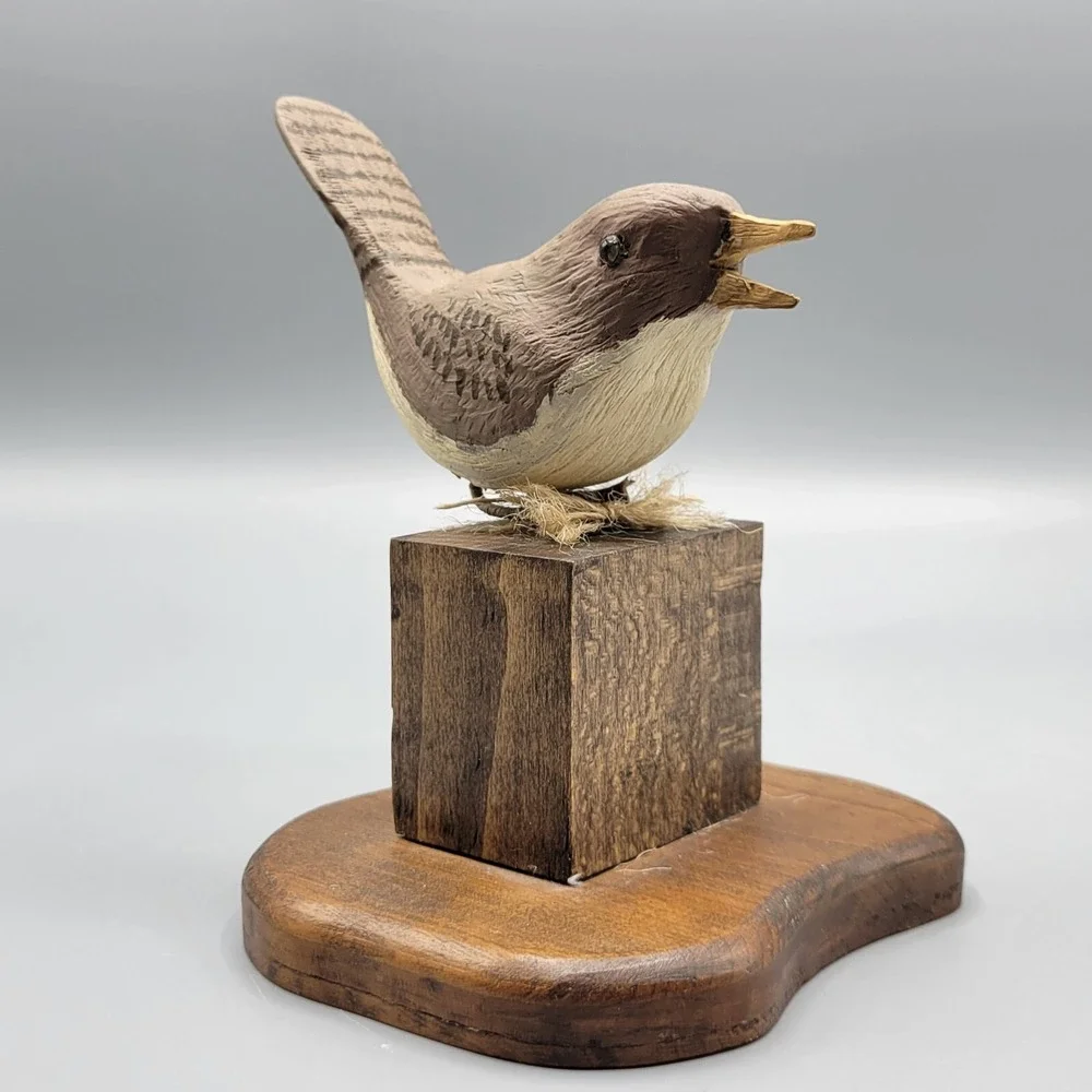 Vintage Handcrafted Wooden Bird Figurine On Base Home Shelf Decor